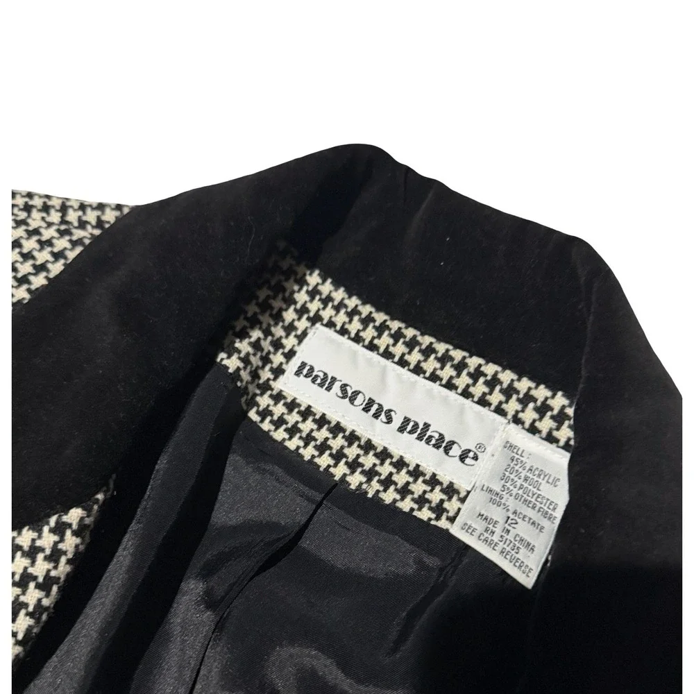 Y2K Parsons Place Vtg Houndstooth Blazer Black White Velvet Collar Wool Blend 12 - Picture 4 of 5
